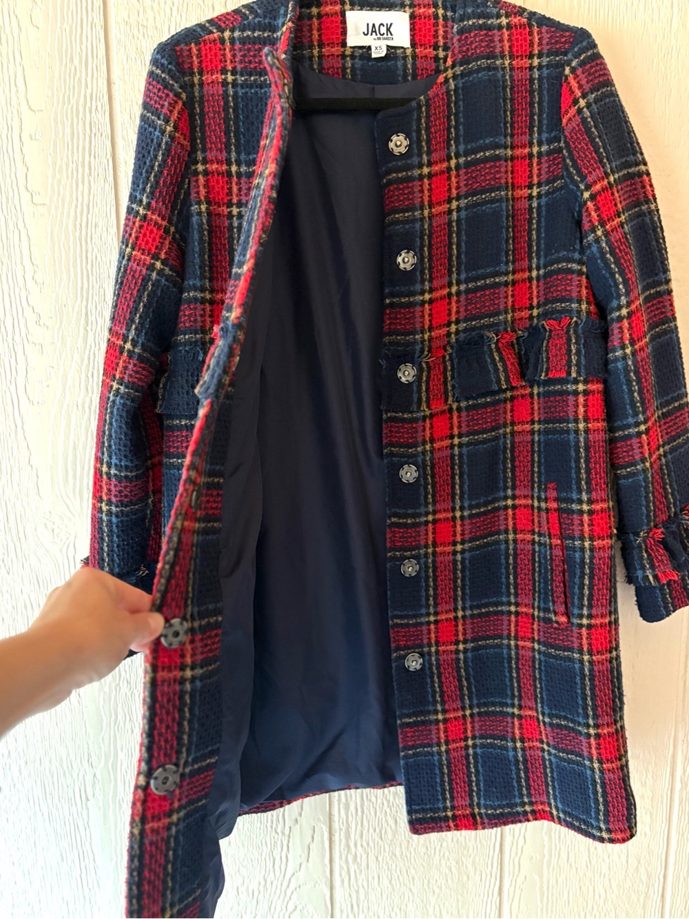 Jack by BB Dakota Plaid Textured Car Coat Frayed Trim XS - Picture 3 of 8